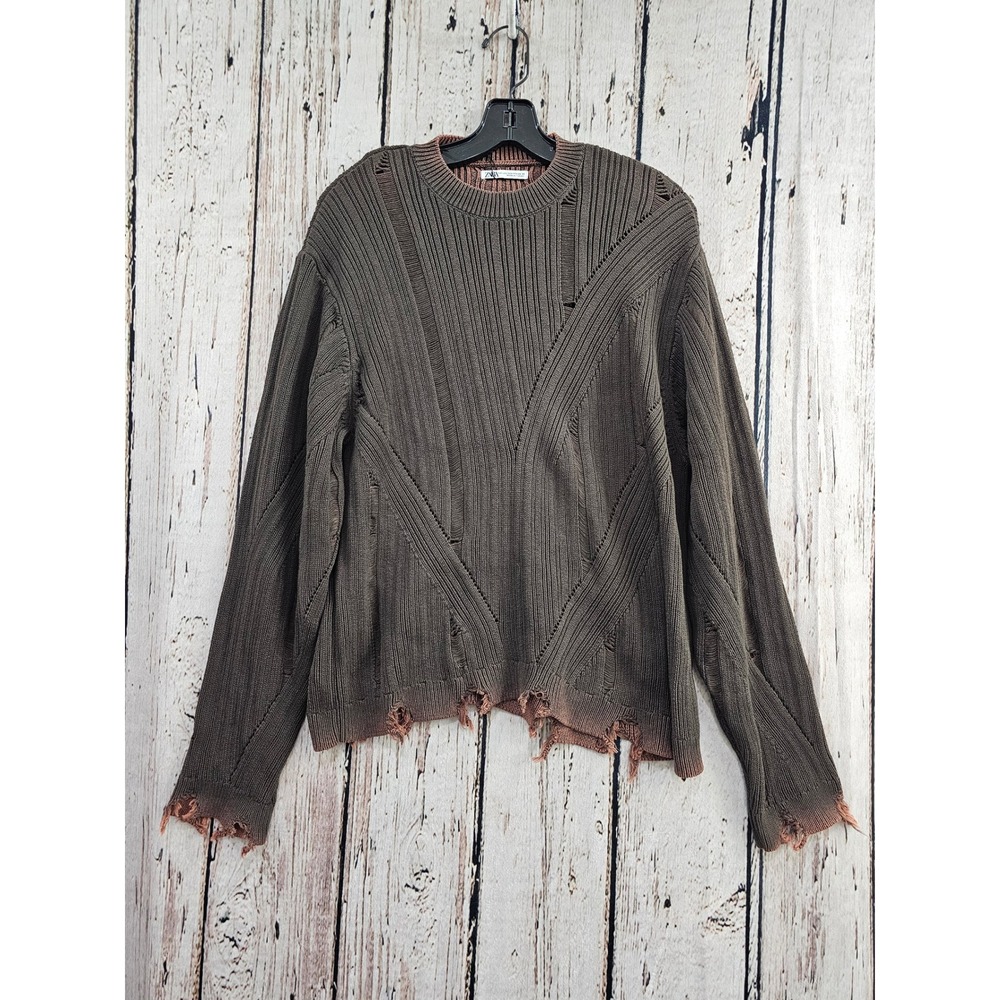Zara Distressed Ribbed Knit Sweater Mens S-M Olive Brown Frayed Hem Streetwear - Picture 2 of 12